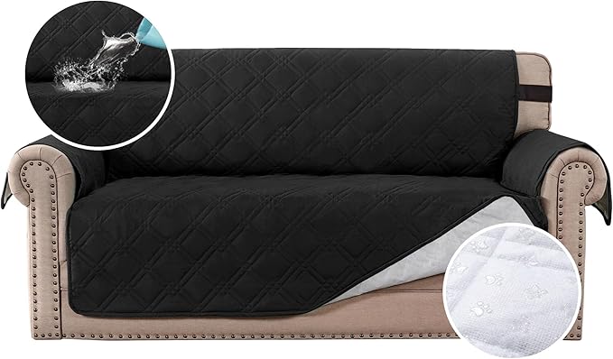 H.VERSAILTEX 100% Waterproof Sofa Slipcover Washable Loveseat Cover for 2 Cushion Cover Non-Slip Furniture Protector with Puppy Paw Silicone Backing Couch Cover for Pets Dogs (Loveseat, Black) by HVERSAILTEX
