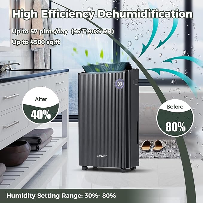 COSTWAY 4,500 Sq. Ft Dehumidifier for Basement, 3-Color Humidity Indicator, Dry Clothes Mode, 12" Drain Hose & Wheels, 57 Pints Dehumidifier for Large Room (Black) - Image 7