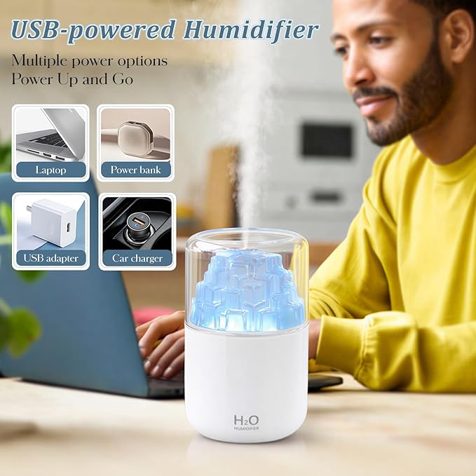 Portable Mist Humidifier with Colorful Light Auto-Off USB Desktop Personal Humidifiers 2 Cool Spray Modes 300ml for Bedroom Office Car Travel White - Image 2
