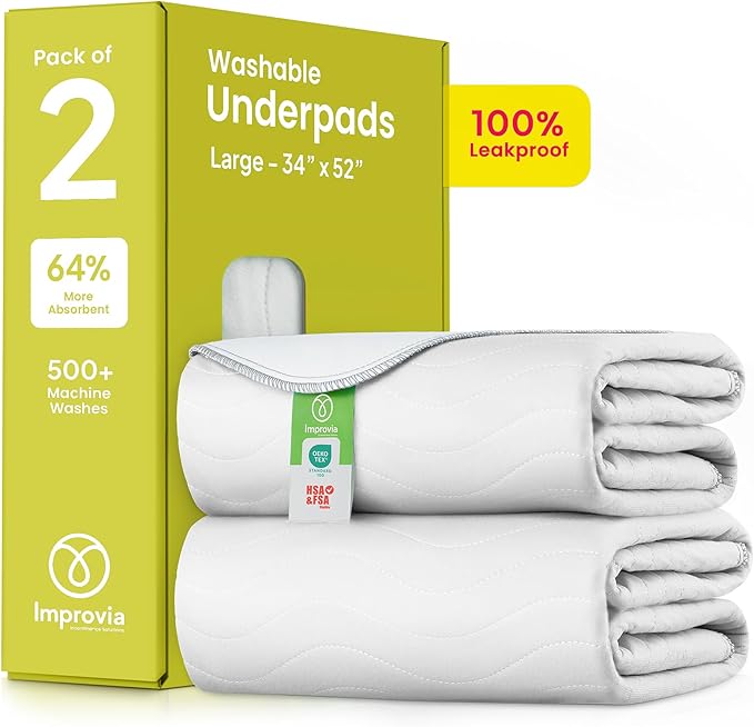 IMPROVIA® Washable Underpads, Heavy Absorbency Reusable Incontinence Pads for Kids, Adults, Elderly, and Pets - Waterproof Protection Floor White & White (2 Pack - 34x52) by IMPROVIA