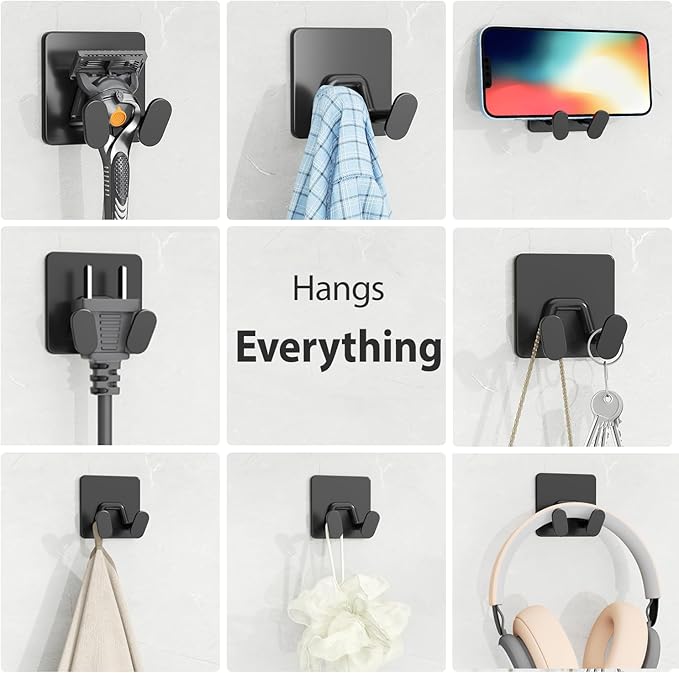 Adhesive Shower Hooks for Inside - Extra Sticky Stainless, Razor Holder Shower Accessories, Wall Mounted Self-Adhesive Double Hooks for Razor, Loofah, Towel, Shaver, Coat, Key, Matt Black, 4-Pack - Image 5