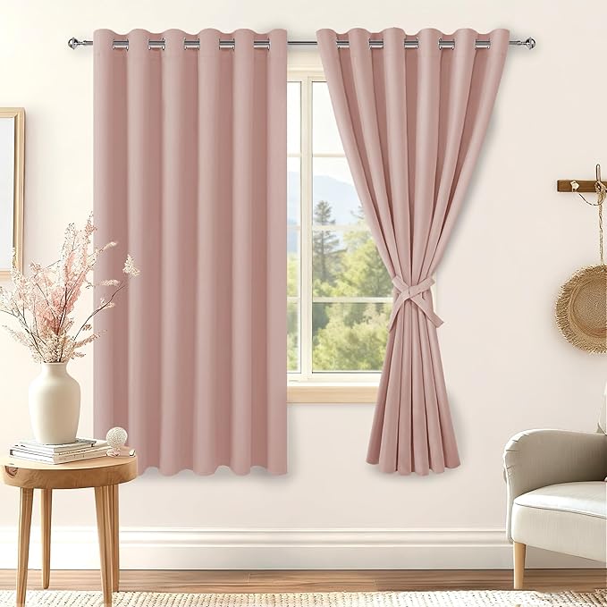 Hiasan Grommet Blackout Curtains for Bedroom, 70 x 63 Inches - Thermal Insulated Light Blocking Window Drapes for Living Room/Dorm Room, Set of 2 Panels Sewn with Tiebacks, Blush by Hiasan