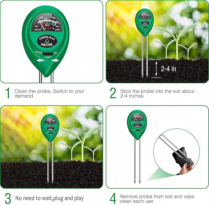 apine Soil Moisture Meter,3 in 1 Soil pH Tester,Soil Tester with Moisture,Light,and pH Test for Garden,Farm,Lawn,Indoor,Outdoor (No Battery Needed) - Image 5