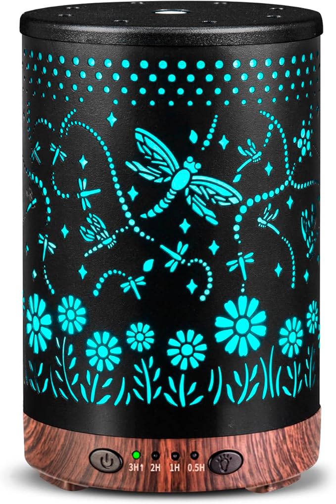 Essential Oil Diffuser 120ML Metal Aromatherapy Diffuser with Timer, Cool Mist Humidifier with Auto Shut-Off & 7 Color Lights for Home Office Spa (Dragonfly) by JOYOLO