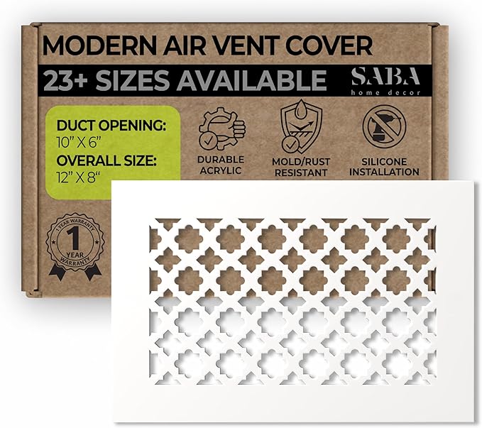 SABA Home Decor Air Vent Cover Grille - Acrylic Plexiglass 6 x 10 Duct Opening, 8 x 12 Overall White Finish Decorative Covers for Walls & Ceilings NOT for Floor USE, Venetian by SABAHomeDecor