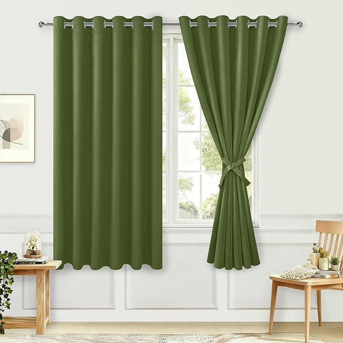 Hiasan Room Darkening Curtains for Bedroom, 70 x 63 Inches - Thermal Insulated & Energy Saving Window Drapes for Living Room/Dorm Room, Set of 2 Panels Sewn with Tiebacks, Olive Green by Hiasan