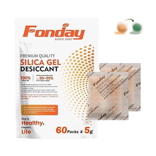 5g x 60 packs Fonday Rechargeable Silica Gel Desiccant Packets Food Grade Fast Reactivate Desiccant Bags Moisture Indicating Orange to Green by Fonday