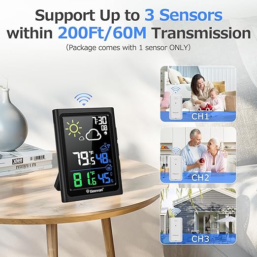 Geevon Indoor Outdoor Thermometer Wireless Weather Station with Color Display, Digital Hygrometer Temperature Humidity Monitor with Alarm Clock and Backlight - Image 3