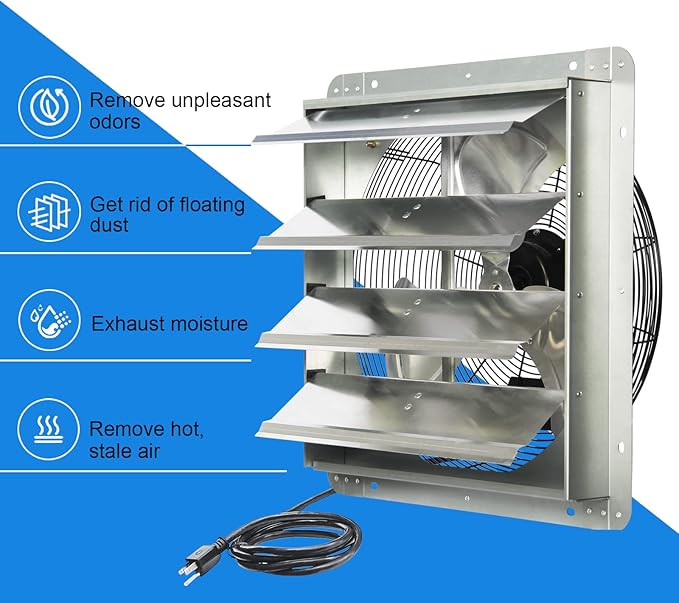 KEN BROWN 18 Inch Shutter Exhaust Fan, Gable Vent Fan, Wall Mount Ventilation, High Speed 2600 CFM, Automatic Aluminum Blades, for Garages, Shop, Greenhouse, Attic, with Power Cord - Image 5