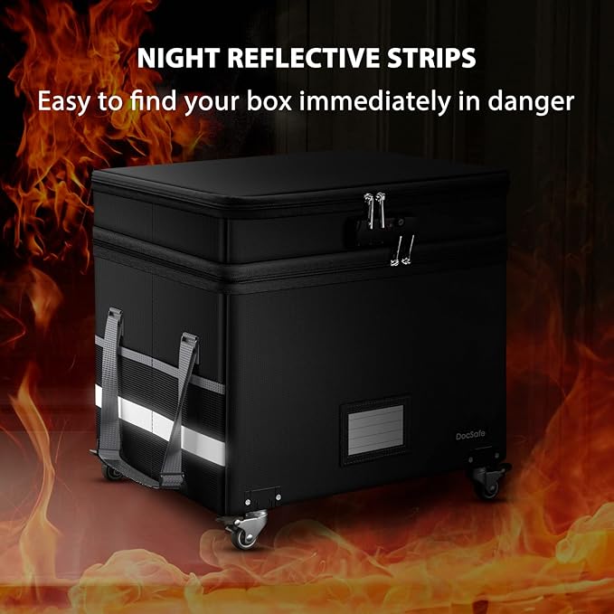 DocSafe Fireproof Document Box with Lock,2-Layer File Box with Wheels,Collapsible File Storage Organizer with Pockets,Large Portable Home Filing Cabinet for Hanging Folders,Black,16''x13.8''x12.2'' - Image 8