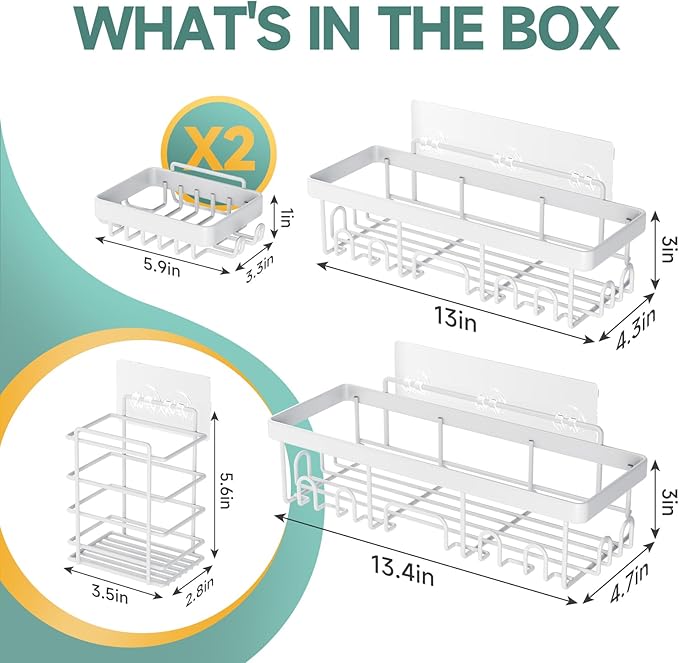 Veken Adhesive Shower Caddy 5-Pack,Heavy Weight Bearing,Large Wall Mounted Shower Shelves Rack,Organizer Storage Accessories with Soap Dish&Toothbrush Holder,Ideal for Bathroom,Home&Kitchen,White - Image 3
