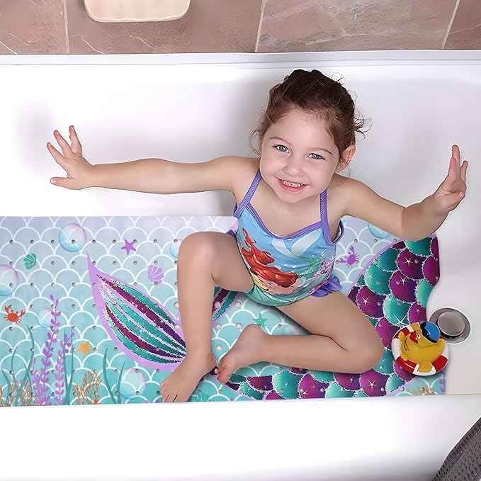 Mermaid Bathtub Mat Non Slip, Cute Baby Bath Mat for Tub Rubber Tub Mat, Kids Bath Mats for Bathroom Little Girls Anti Slip Shower Mat with Suction and Drain Holes Machine Washable, 40″X16″ - Image 4