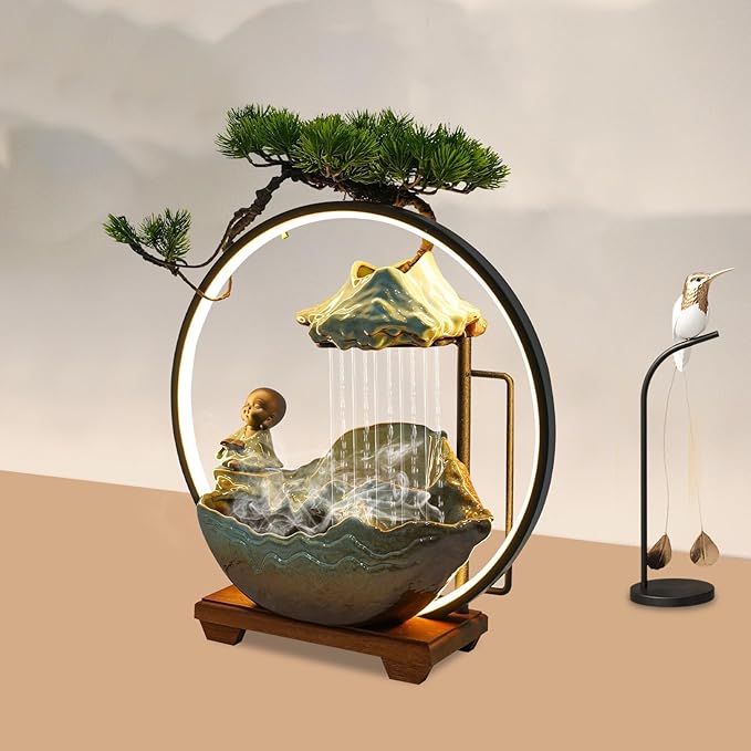 16In Bonsai Tree Statue Water Fountains Indoor Tabletop Waterfall Humidifier with LED Light and Atomizer Mist, Japanese Zen Decor Meditation Fake Plants Bonsai Feng Shui Decor Festival Birthday Gift - Image 4