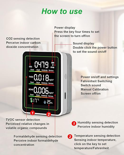 Indoor Air Quality Monitor, 5 in 1 Portable Smartair Quality Tester for CO2 | TVOC | HCHO | Temp | Hum for Home Cars Plants and Pets So On - Image 7