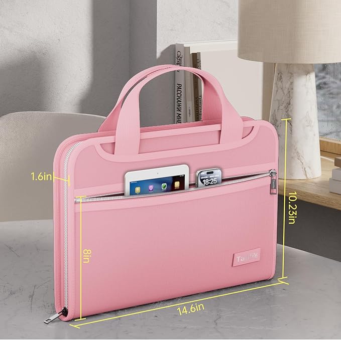 Tamfile Fireproof Accordion File Organizer with Handle, 13 Pocket Expanding File Folder with Zipper & Labels, File Folder with Multi-Pockets Paper Organizer Folder for Letter A4 Files, Pink - Image 8