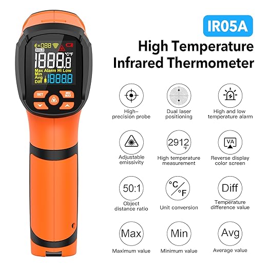MESTEK Infrared Thermometer Temperature Gun -40℉~2912℉, High Temp Thermometer with Thermocouple Probe, Non-contact Digital Laser Thermometer Gun 50:1 Pyrometer for Industrial HVAC Forge Metal Smelting - Image 2