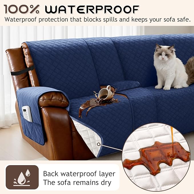 Arfntevss Waterproof Recliner Sectional Couch Covers for Reclining L Shape Sofa Cover Non Slip Washable L Shaped Slipcover Set for Dog Furniture Protector (5 Seat with 1 Console Cover, Midnight Blue) - Image 2