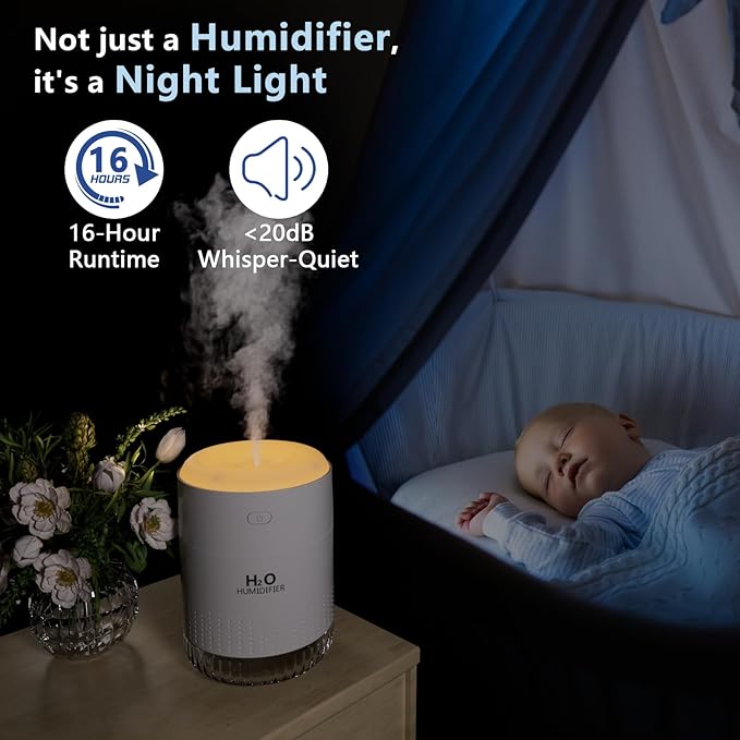 SZO Portable Mini Humidifier, 500ML USB Personal Cool Mist Humidifiers for Bedroom Office Travel Desk, Whisper Quiet 20dB with 2 Mist Modes & Auto Shut-Off, Small Desktop Humidifier (White) - Image 2