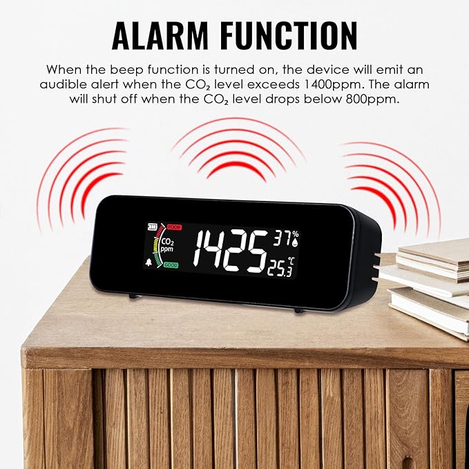 CO2 Monitor CO2 Meter Detector, Rechargeable Indoor Air Quality Monitor with CO2 Alarm, LCD Display, NDIR Sensor, Temp & Humidity Measurement, 3 Color Indicator for Indoor, Home, Office, School - Image 3