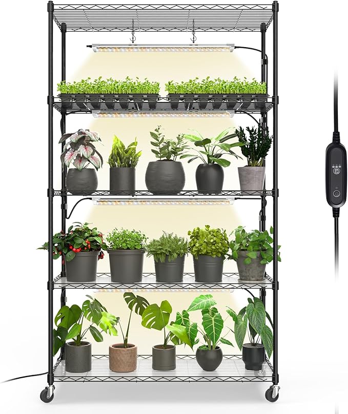 Bstrip Plant Shelf with Grow Light with Timer, Metal Plant Stand with Adjustable Rack and Wheels, 4 Pack 24W Full Spectrum Grow Light Strip for Indoor Plants, Seed Starting, 35.4"x13.8"x59" by Bstrip