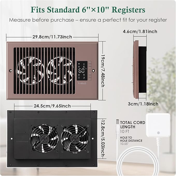 Register Booster Fan 6" x 10" with Negative Ion, Manual Airflow Direction Control, Quiet 10-Speed Heating Cooling AC Vent Fan with Remote & Thermostat Control for Wall Floor, Bronze - Image 7