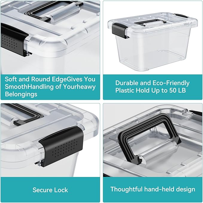 Nazhura Plastic Storage Bin, Stackable and Nestable Storage Boxes with White Lids and Secure Latching Buckles, Large Storage Container (CLEAR, 6QT 12PACK) - Image 3