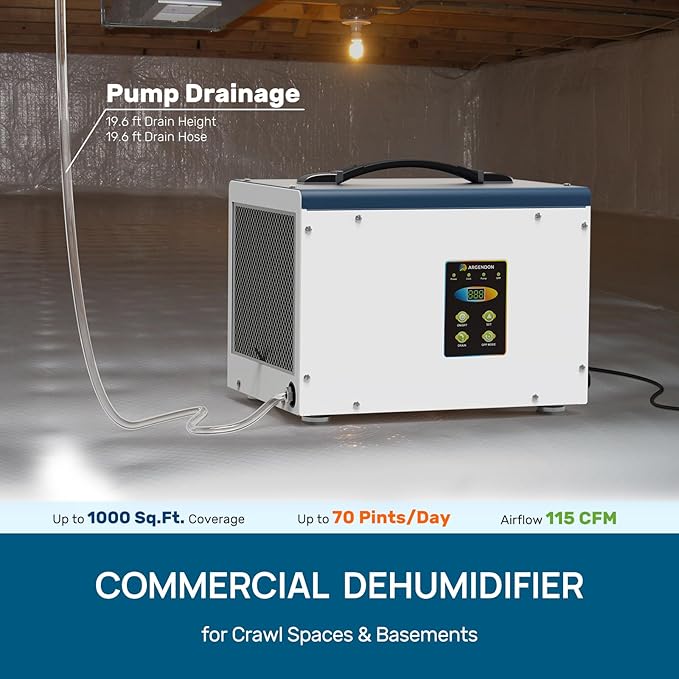 ARGENDON Crawlspace Dehumidifier with Pump, 70 Pint Commercial Dehumidifier for Basement with Drain Hose, Auto Defrost, Memory Starting, Compact, GLGR, Up to 1000 Sq Ft, 5 Years Limited Warranty - Image 3