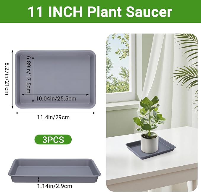 GREANER Grey Plastic Trays 11 Inch, UV Resistant Plant Pot Saucers for Indoor & Outdoor Use, Drip Trays for Potted Plants(Pack of 3) - Image 2