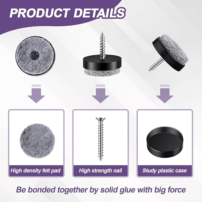 60 Pcs Black Screw on Furniture Felt Pads Kit, 0.94 Inch Non Slip Furniture Pads, Nail in Hardwood Floor Protector for Wooden Leg Feet of Chair Table Sofa, Cutting Boards - Image 3
