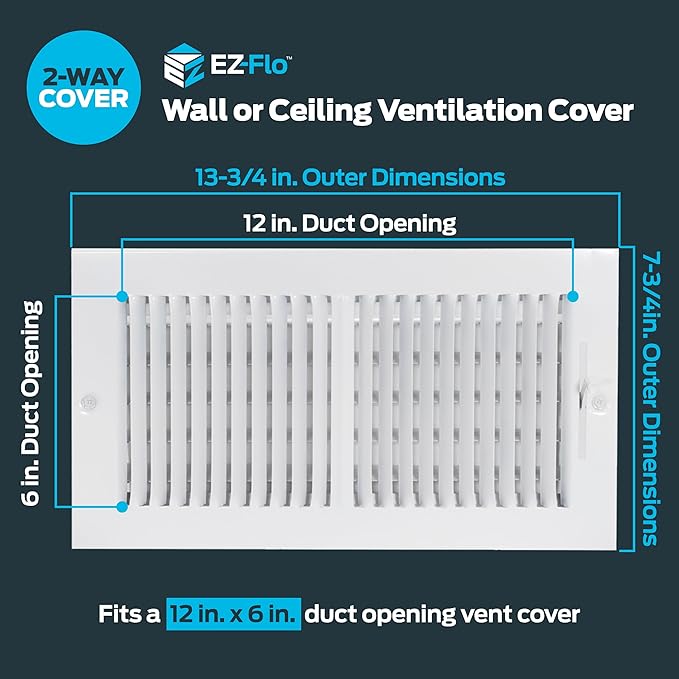 EZ-FLO 12 x 6 Inch (Duct Opening) Air Vent Cover for Wall or Ceiling, Two-Way Ventilation Register, Solid Steel HVAC Register Cover, White, 61612 - Image 2