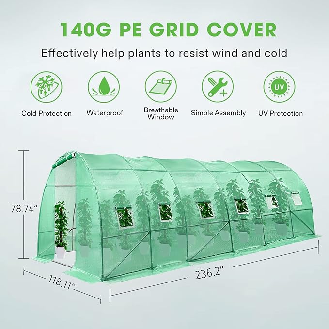 VIVOSUN 20x10x7 Ft. Large Walk in Greenhouse, Greenhouse Tunnel, Garden Plant Hot House with Green PE Cover, Roll-up Zipper Door and Window for Outdoor - Image 3