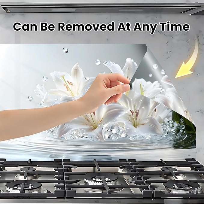 NYZE Kitchen Backsplash Stickers Waterproof Stove Backsplash Protector, 30 X 16 inch Removable Kitchen Wallpaper with Wall Art Decor for Stove Cooking Area(White Lily) - Image 4