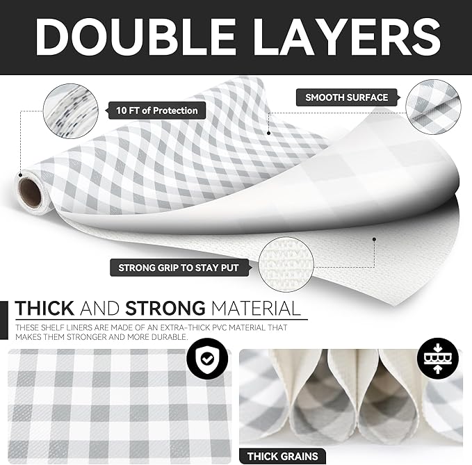 RAY STAR Shelf Liners 12 Inch X 10 Ft for Kitchen Cabinets Non-Adhesive, Cabinet Liners for Shelves Waterproof Easy Trim Wipe Clean Non Slip Grip Bottom Drawer Pantry Liner Gingham Checkered Grey - Image 7