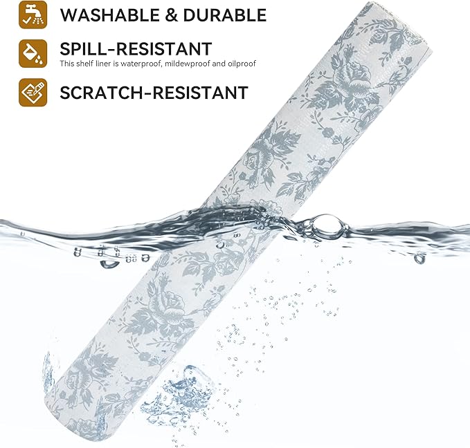 RAY STAR Shelf Liner, Non Adhesive Silver Floral Kitchen Cabinet Liner for Pantry Drawer Vanity, Non Slip, Shelf Liners for Kitchen Cabinets Cupboard 18 Inch x 8 FT (7 Rolls) Signature Delivery - Image 2