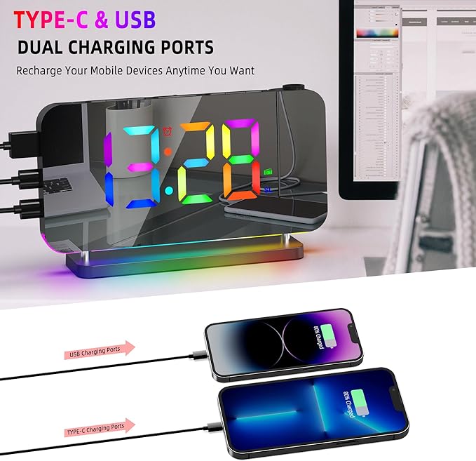 Projection Alarm Clock for Bedroom Ceiling,RGB Digital Clocks Radio with 10 Colors RGB Night Light,Loud Alarm Clock for Heavy Sleepers,USB C Charger Port,Snooze,12/24H,Auto Dimming - Image 7