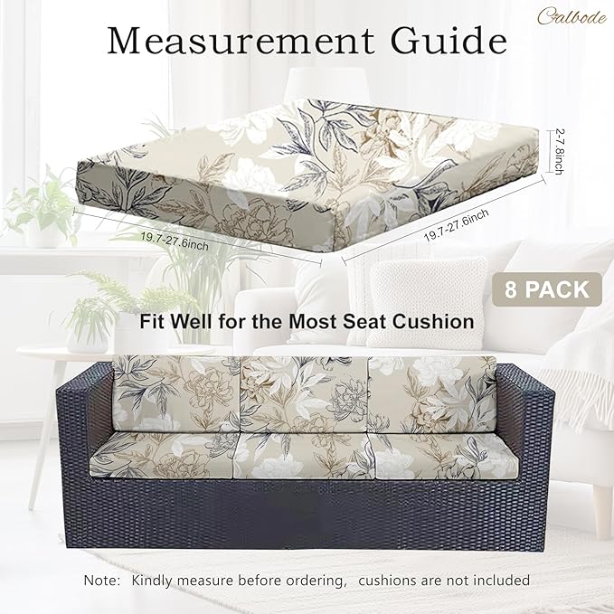 8Pcs Outdoor Stretch Cushion Covers,Waterproof Outdoor Chair Floral Cushion Covers for Patio Furniture, Washable Beige Couch Covers Replacement for Patio Furniture - Image 2