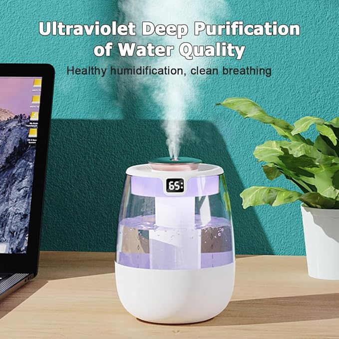 DONGKER Double Spray Humidifier,1L Silent USB Digital Display Humidifier with 2 Mist Modes & Night Light for Car Office Home Room - Image 6