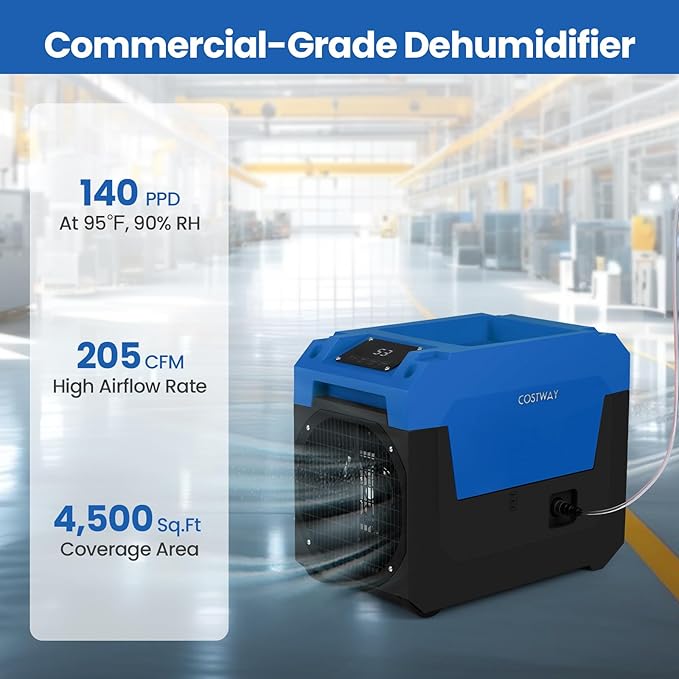 COSTWAY 140 Pints Commercial Dehumidifier with Pump, Portable Industrial Dehumidifier with Drain Hose for Basements, Job Sites, Water Damage Restoration (Blue) - Image 2