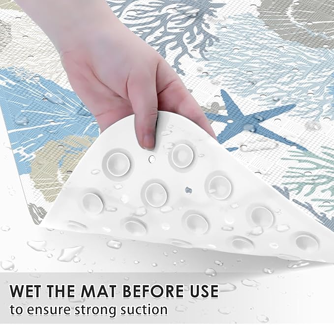 Sea Shells Coral Seashell Bath Mat Non Slip, Starfish Underwater 40X16 Inch Extra Long Bathtub Shower Mat for Tub Anti Slip with Suction Cups and Drain Holes for Kid Adult Elderly - Image 3