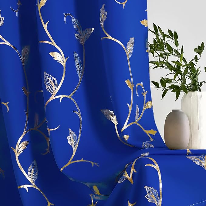 BUHUA Blackout Curtains Gold Foil Print Flower Vine Grommet Drapes, Room Darkening Thermal Insulated Curtains, Noise Reducing Curtain for Bedroom, Royal Blue, 52Wx63L, 2 Panels - Image 5