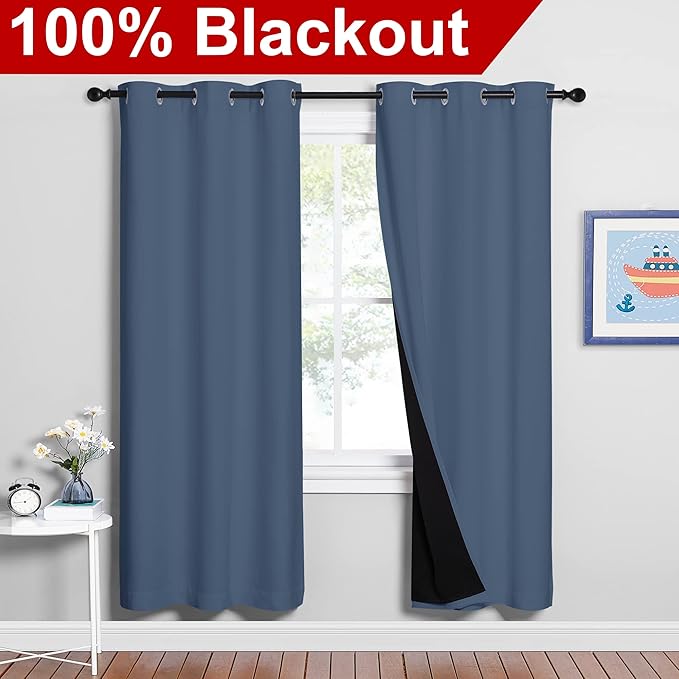 NICETOWN Full Shade Curtain Panels 72 inches Long, Pair of Energy Smart & Noise Blocking Out Blackout Drapes for Guest Room Window, Thermal Insulated Lined Window Dressing (Stone Blue, 42x72) - Image 2