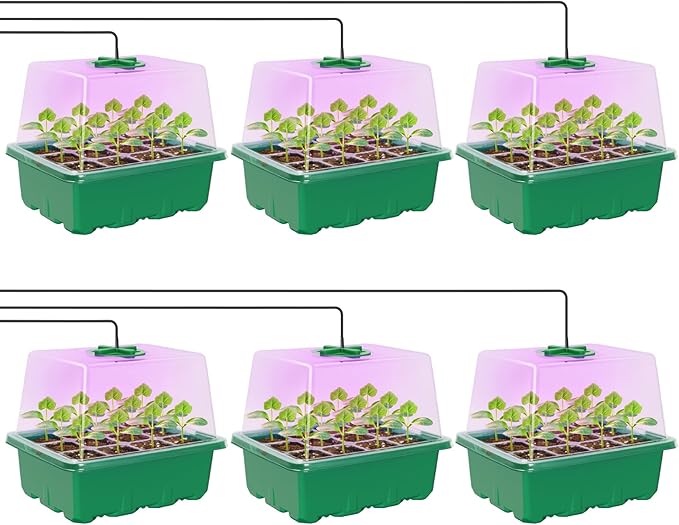 MIXC Seed Starter Kit with Grow Light, Elevated Seedling Tray Kit with Adjustable Humidity Dome and Clear Cell Tray, 12 Full Spectrum Led Beads for Seed Starting Greenhouse, 6 Pack, Green by MIXC