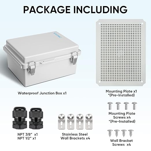 TICONN Outdoor Electrical Box Waterproof, Junction Box IP67 ABS Plastic Enclosure with Hinged Cover with Mounting Plate, Wall Brackets, Cable Glands (Off-White, 15.7"x11.8"x7.1") - Image 6