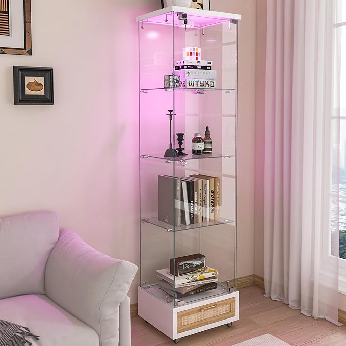 Yoluckea 4 Tiers Glass Display Cabinet with LED Lighting and Drawer, 1 Door Floor Standing Curio Cabinet with Wheel for Home, Office, Corner Display, White Glass Bookshelf for Collections and Decor - Image 9
