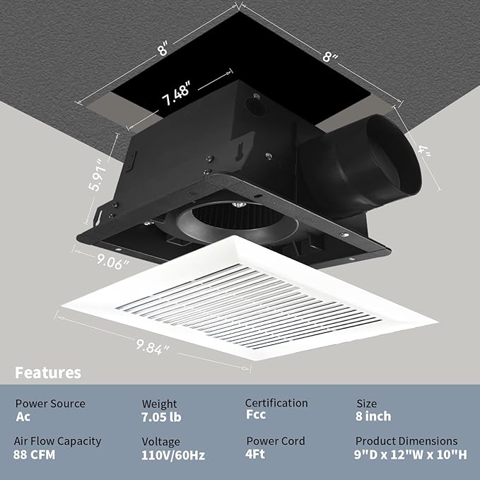 Bathroom Exhaust and Ventilation Fan 88CFM, Ultra-quiet Bath Fan Ceiling Mount Exhaust Fan 1.2Sones Household Bathroom Vent Exhaust Fan - Image 3