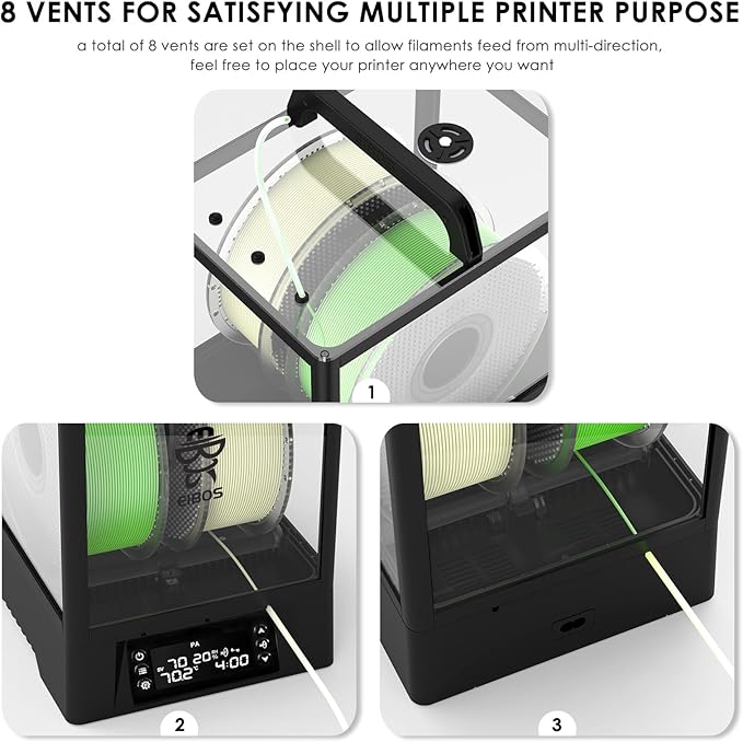 【EIBOS Upgraded 2026】 3D Printer Filament Dryer Box Polyphemus with Fan, Spool Dry Box with Auto-Rotation, Auto-Humidity Hold, Large Space for 3KG Spools, for Nylon, PLA, TPU, 360° Heating, Up to 80℃ - Image 9
