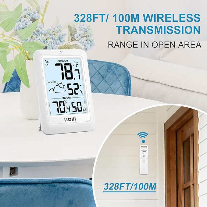 Indoor Outdoor Thermometer Wireless Weather Station, Internal External Thermometer Hygrometer, Home Batteryoperated Temperature Humiditymonitors330 Feet (About 100 Meters) Backlight Display (White) - Image 2