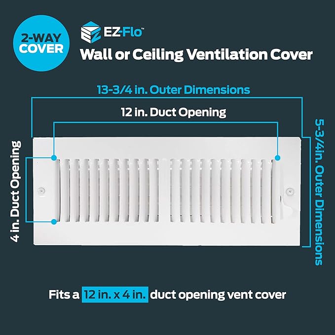 EZ-FLO 12 x 4 Inch (Duct Opening) Air Vent Cover for Wall or Ceiling, Two-Way Ventilation Register, Solid Steel HVAC Register Cover, White, 61611 - Image 2