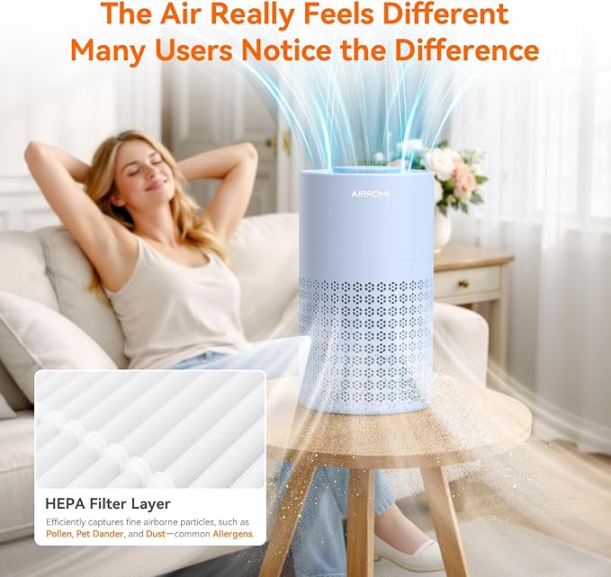 AIRROMI Air Purifier for Bedroom with HEPA 3-in-1 Filter, Pet Air Purifier for Home Cat Pee Smell, Covers Upto 990 Ft², Quiet 360° intake Air Cleaner for pet hair,allergies,Dust,Smoke A2001 Blue - Image 8