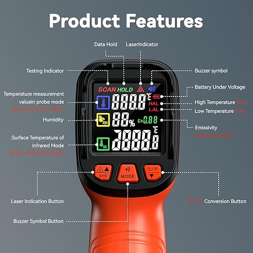 Laser Thermometer -58°F to 1796°F, Dual-Mode Infrared Thermometer Temperature Gun with K-Type Thermocouple, IR Thermometer Gun for Reptiles, Cooking, Griddle, Oven, 16:1 Home Handheld Temp Guns - Image 4